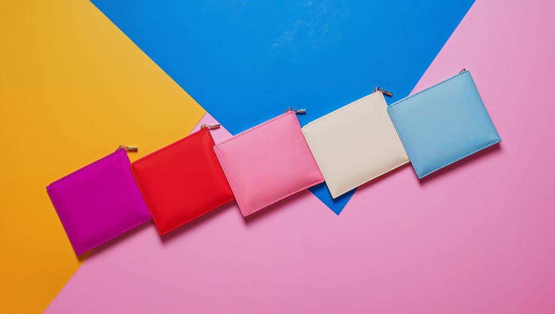 Colorful Zippered Pouches on Geometric Background