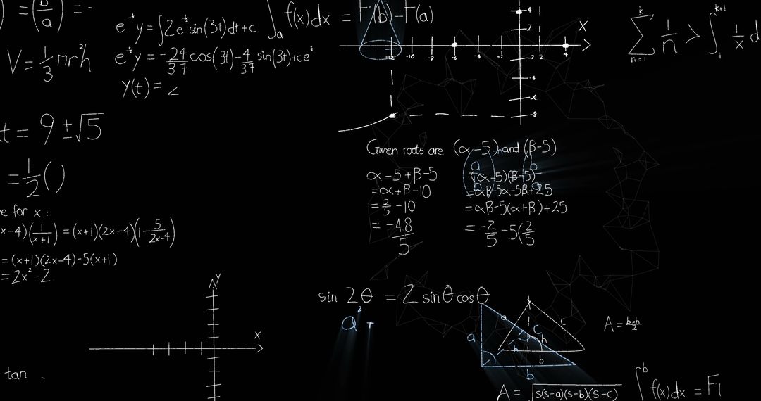 Complex Mathematical Equations and Graphs on Black Background