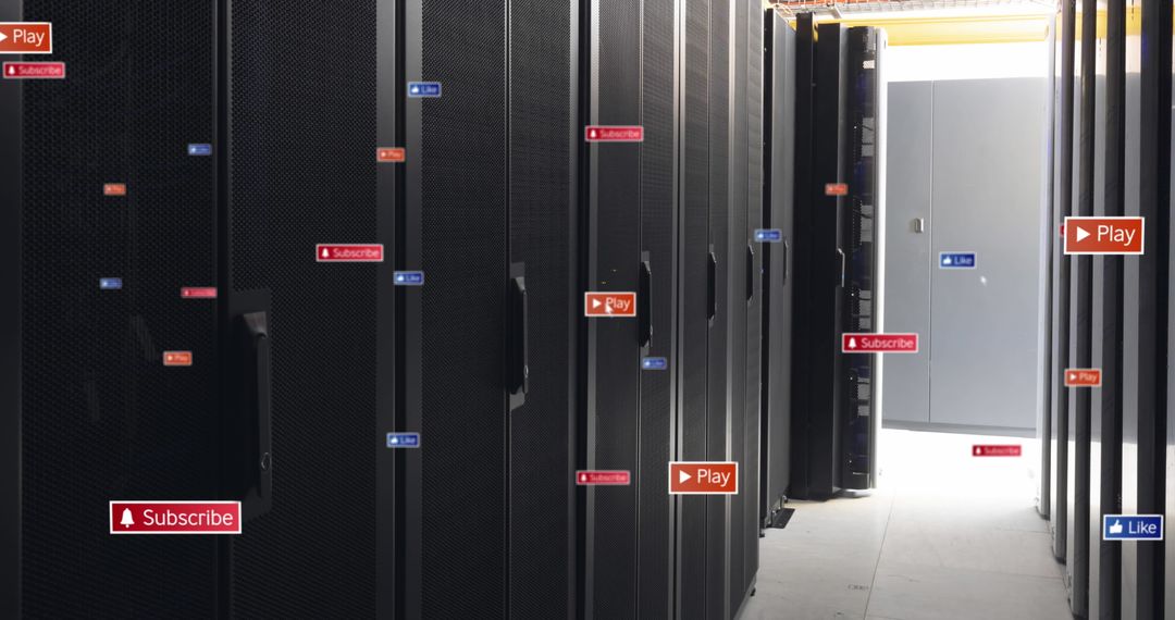 Social Media Icons Overlaying Data Server Room Precision Storage Concept
