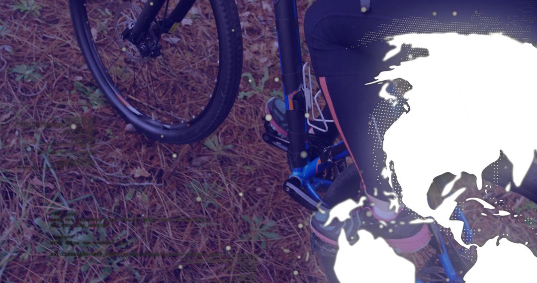 Bicyclist on Rustic Trail with World Map Overlay