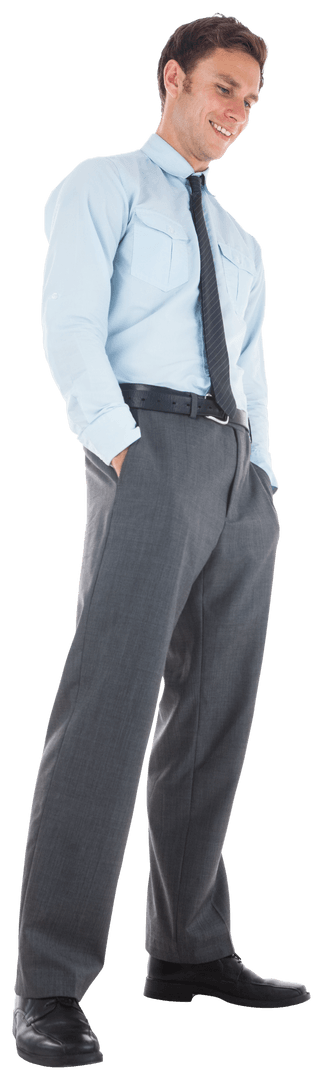Transparent Vest Clad Businessman Smiling with Hands in Pockets