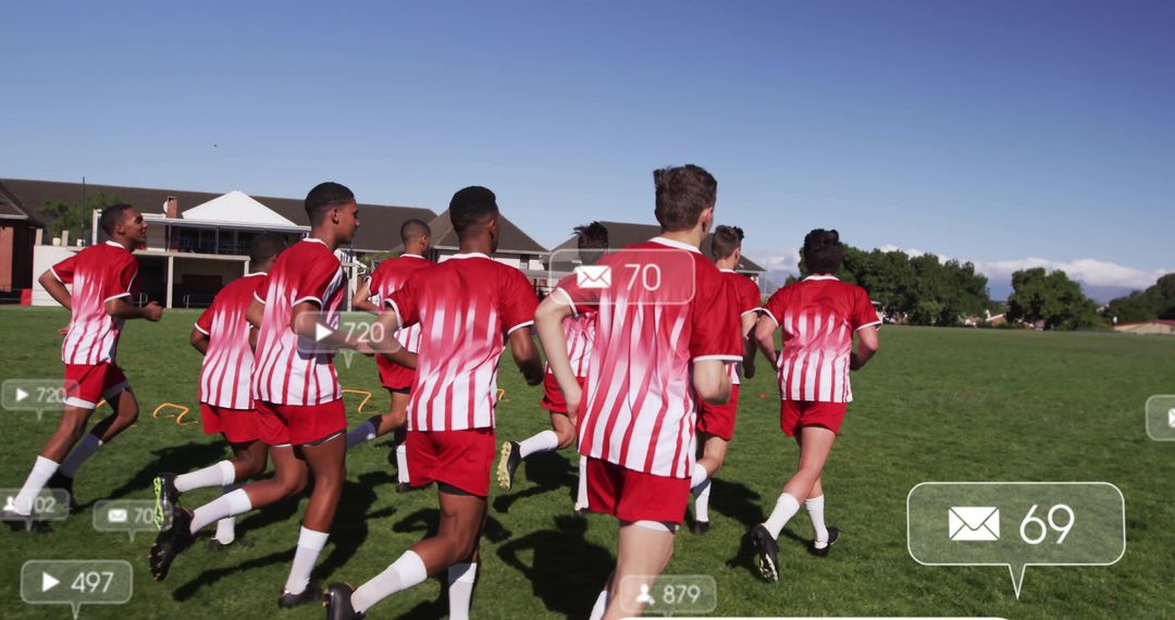 Team Athletes Running with Digital Networks on Sports Field