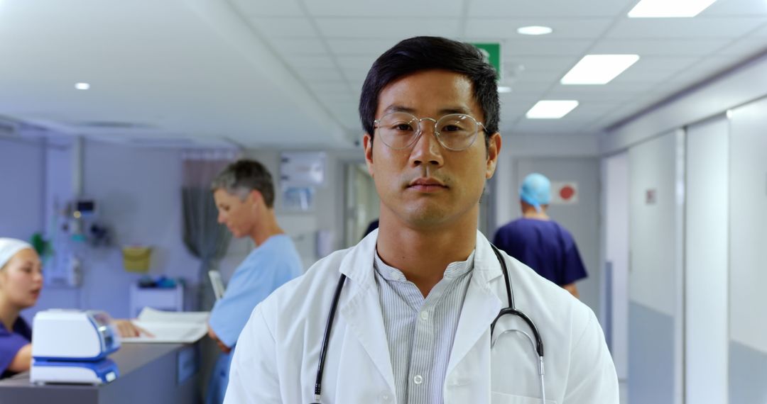 Confident Doctor Standing in Hospital Corridor with Medical Staff in Background - Free Images, Stock Photos and Pictures on Pikwizard.com