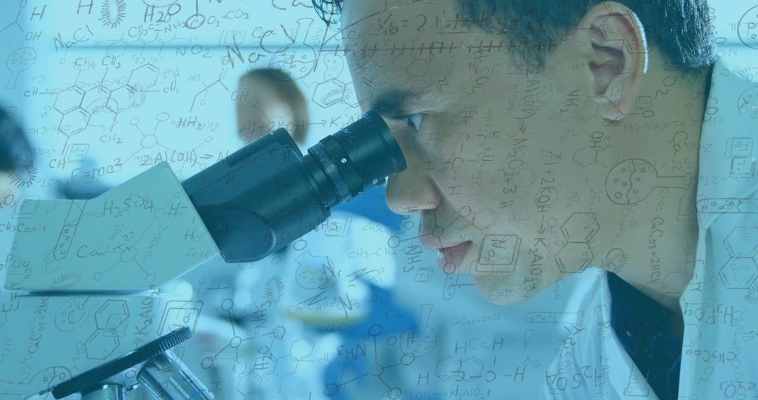 Scientist Examining Microscope and Chemical Formulas Visualized