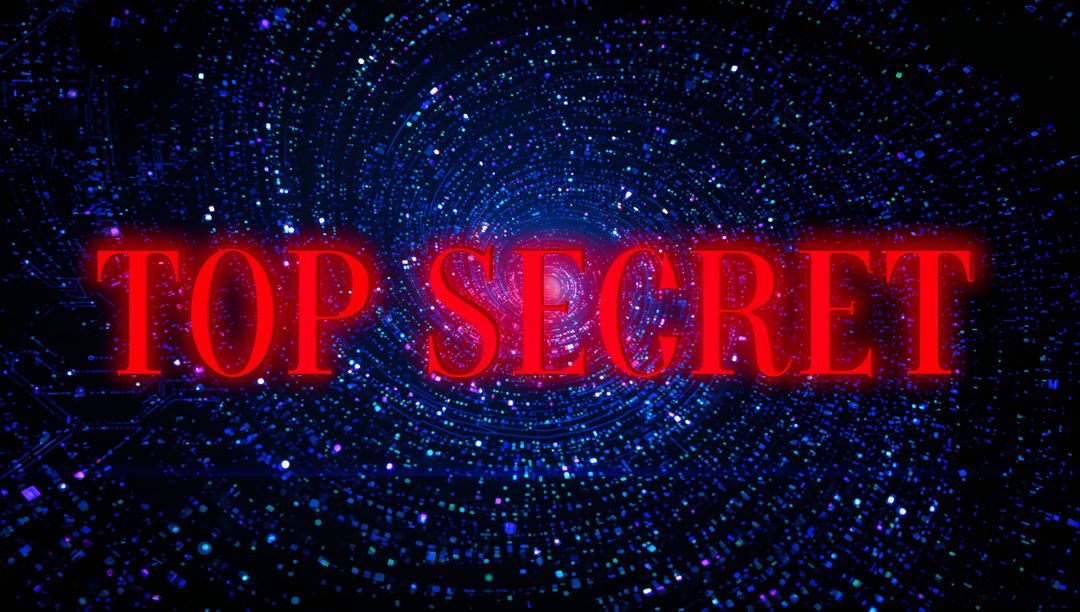 Neon TOP SECRET text hovering over glowing cyber data tunnel with digital vortex