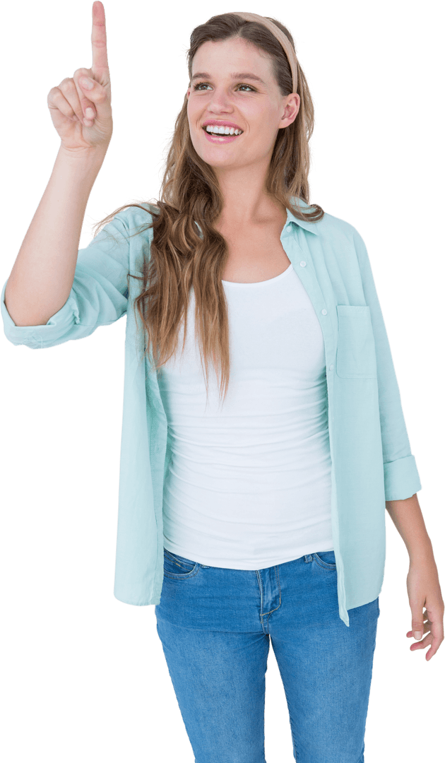 Smiling Woman Pointing Upward, Making Invisible Interactive Touch