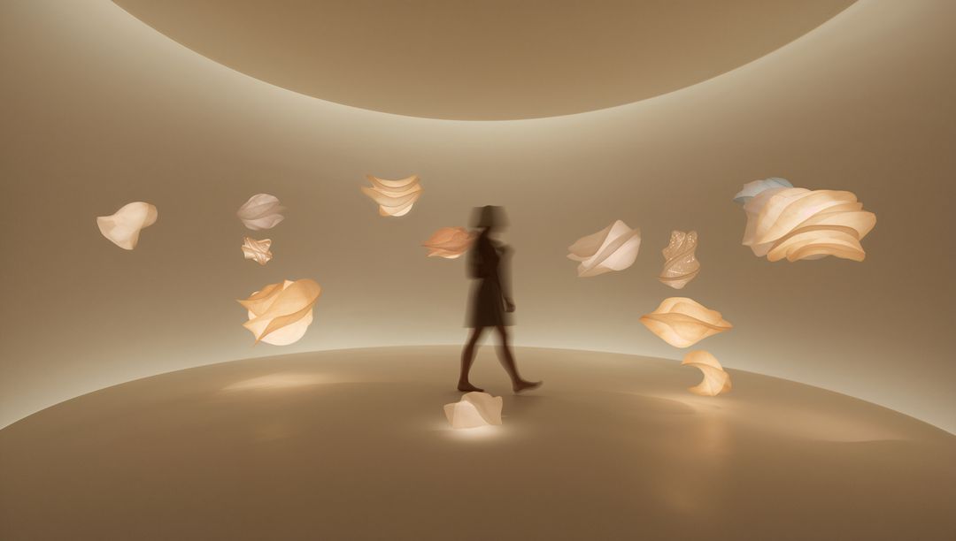 Silhouette Woman Walking in Curved Minimalist Space with Floating Petal Lights