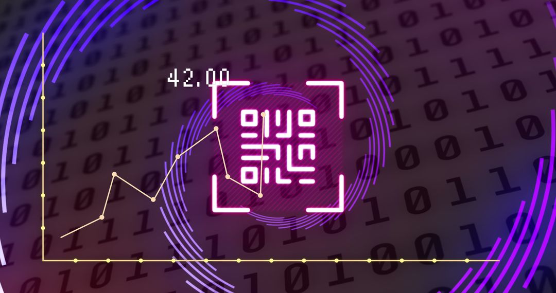 Digital qr code over lively binary background with graphs