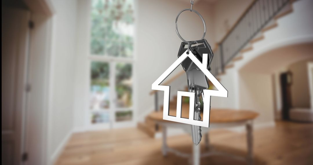 House-Shaped Keychain in Elegant Foyer with Lofty Staircase