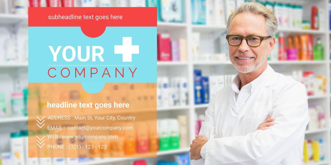 Confident pharmacist promoting pharmacy services template