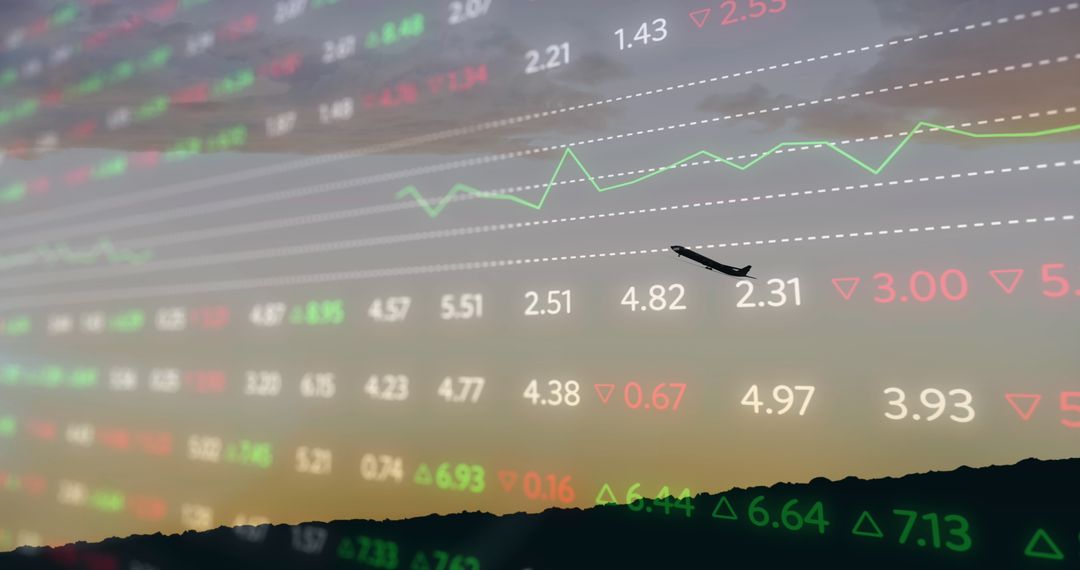 Airplane Takeoff Amidst Stock Market Data Display
