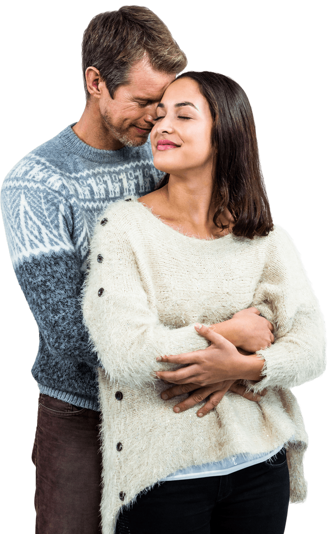 Affectionate Couple Embracing in Warm Sweaters on Transparent Background