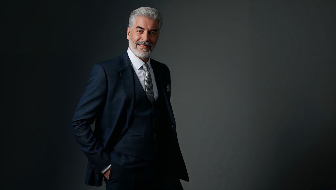 Confident Mature Man Posing in Tailored Suit with Dramatic Lighting