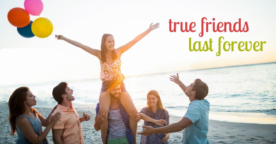 Joyful Friends Celebrating Friendship on Beach at Sunset