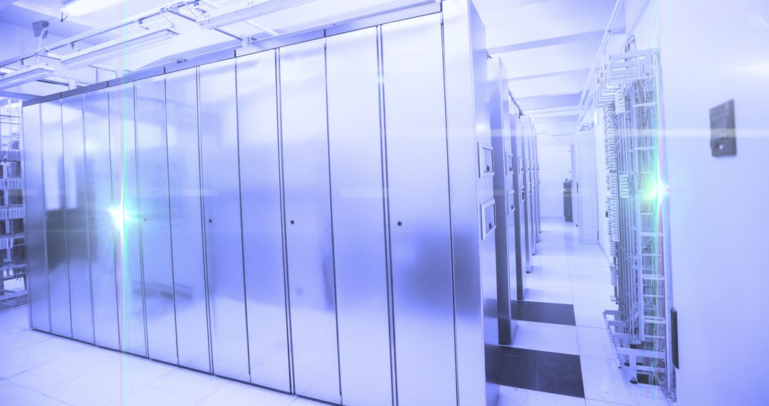 High-Tech Server Room with Blue Networking Lights