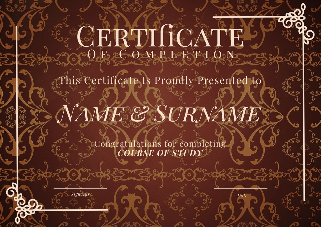 Elegant Certificate of Completion with Vintage Pattern on Brown Background - Download Free Stock Templates Pikwizard.com