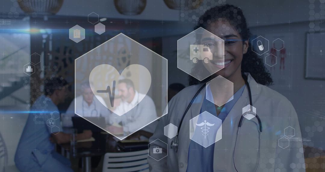 Smiling Doctor in Clinic with Digital Medical Interface