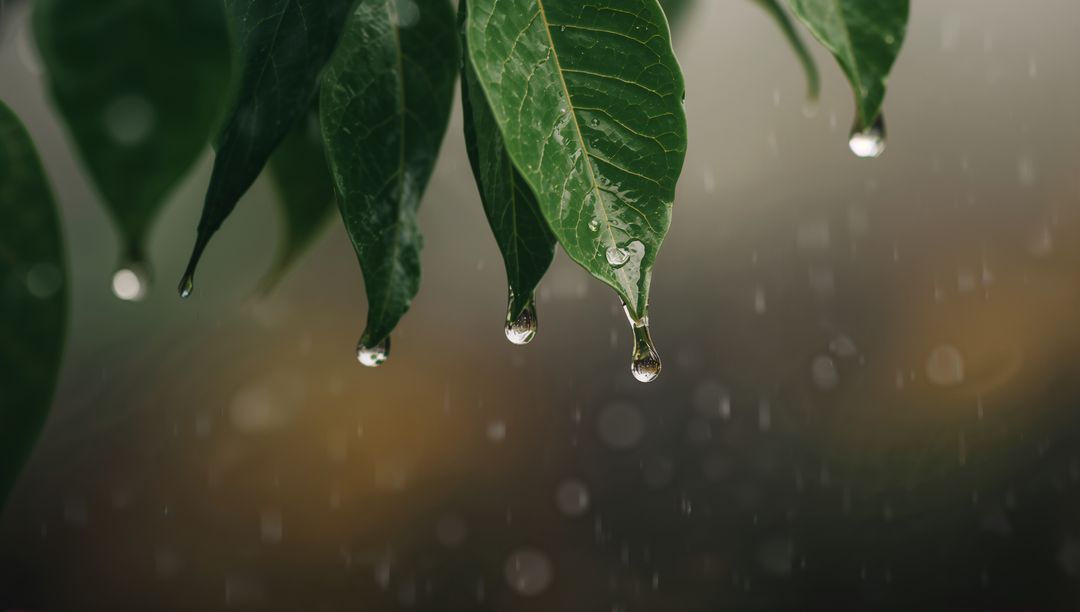 Glossy Tropical Leaves Dripping Macro Crystal Water Droplets with Soft Bokeh