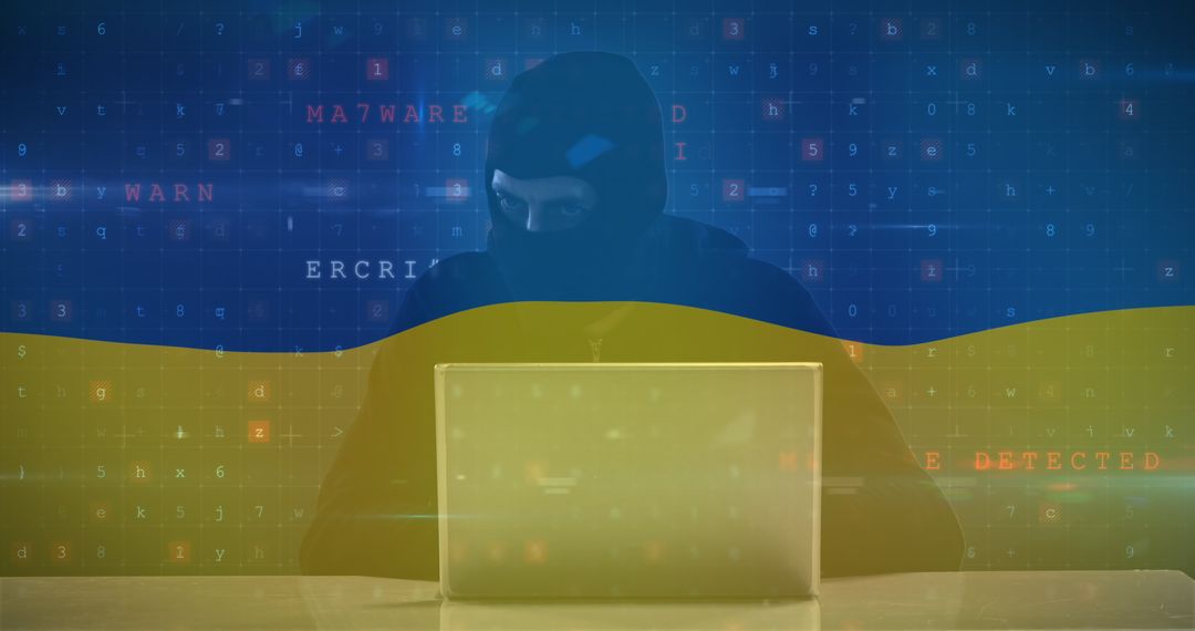 Cyber Warfare and Security Threat with Ukrainian Flag Symbolism