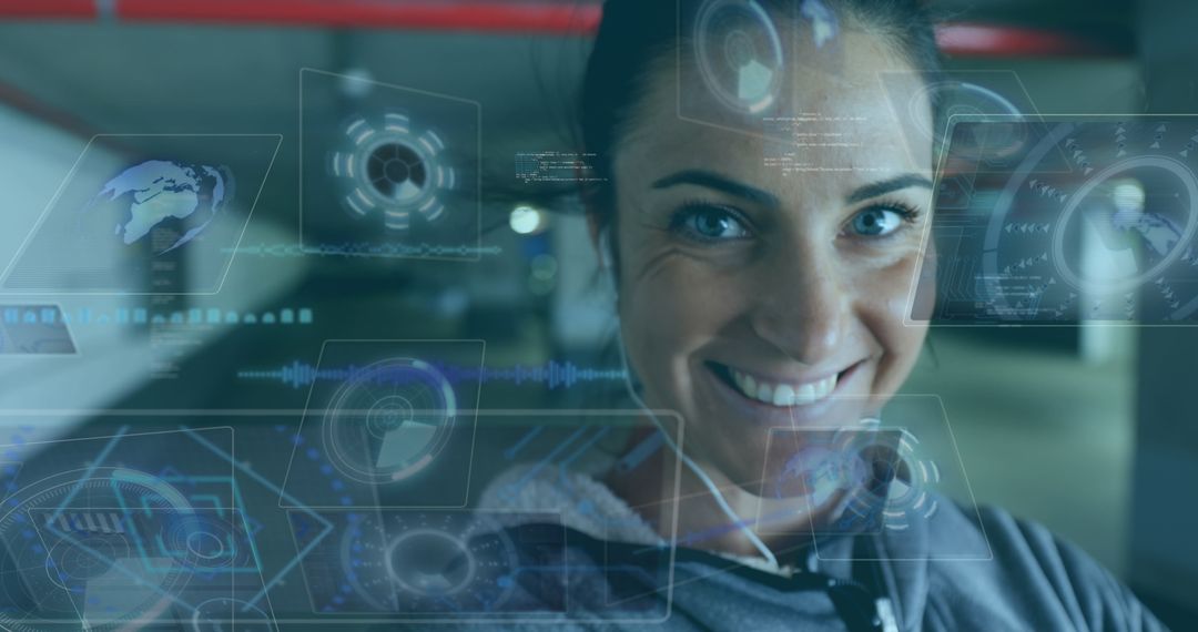 Smiling Woman Interacting with Futuristic Digital Screen