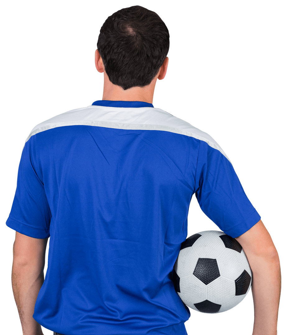 Transparent Soccer Enthusiast in Blue Jersey Holding Ball