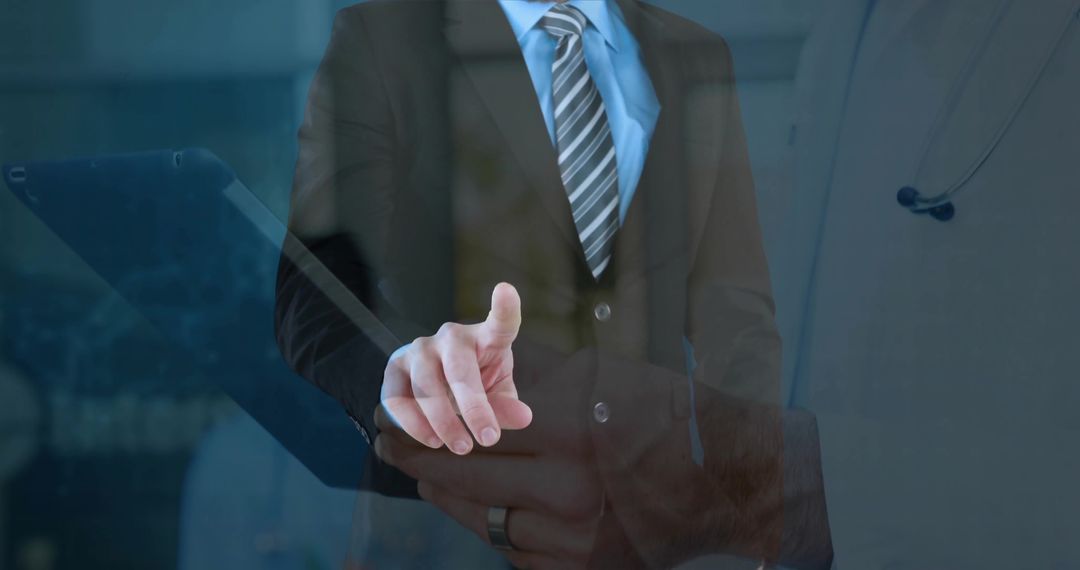 Business Professional Touching Virtual Interface with Medical Context