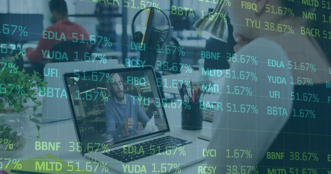 Remote Presentation in Modern Office with Statistical Overlay