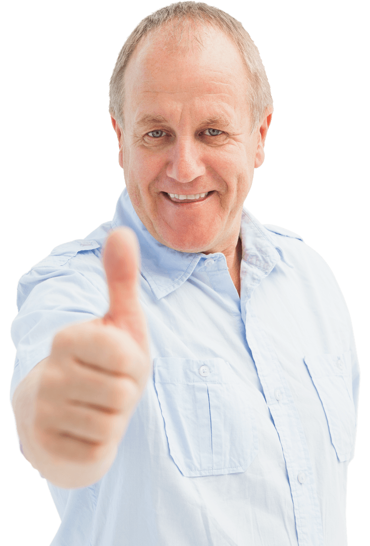 Smiling Senior Man Giving Thumbs Up Gesture on Transparent Background