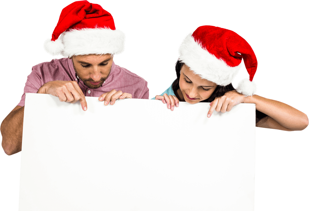 Festive Couple Holding Blank Sign with Santa Hats On Transparent Background
