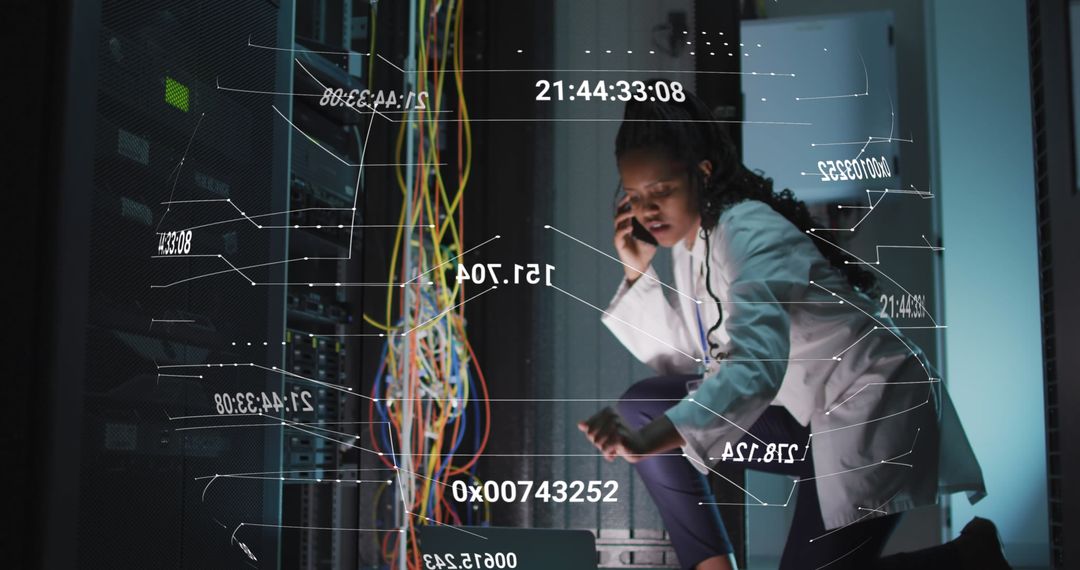 female programmer analyzing server data with holographic display - Free Images, Stock Photos and Pictures on Pikwizard.com