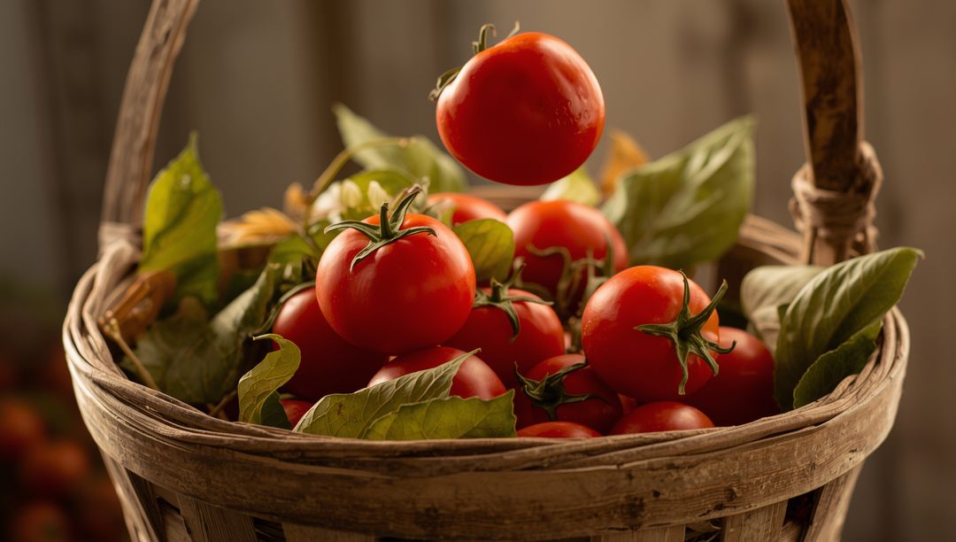 Rustic Basket Overflowing with Fresh Red Tomatoes and Green Leaves