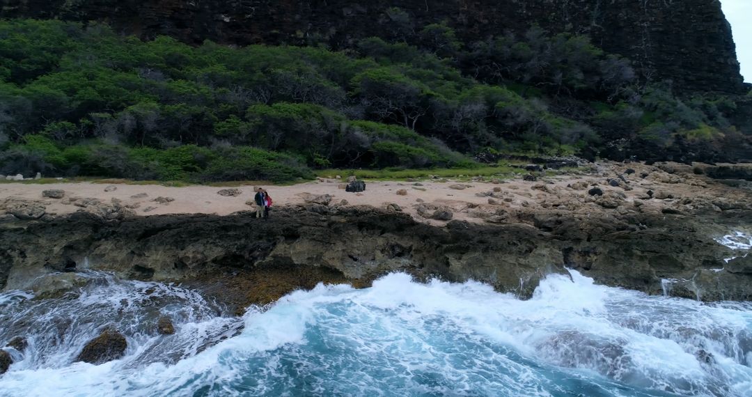 People Exploring Rocky Seashore with Lush Vegetation - Free Images, Stock Photos and Pictures on Pikwizard.com