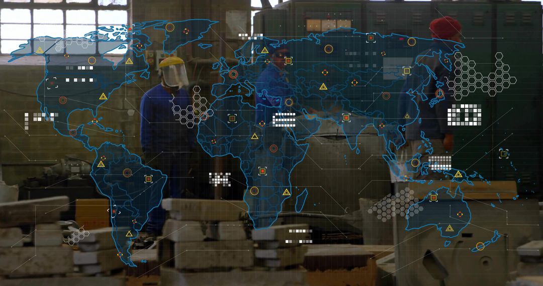 Technicians Analyzing Holographic Map for Global Innovation