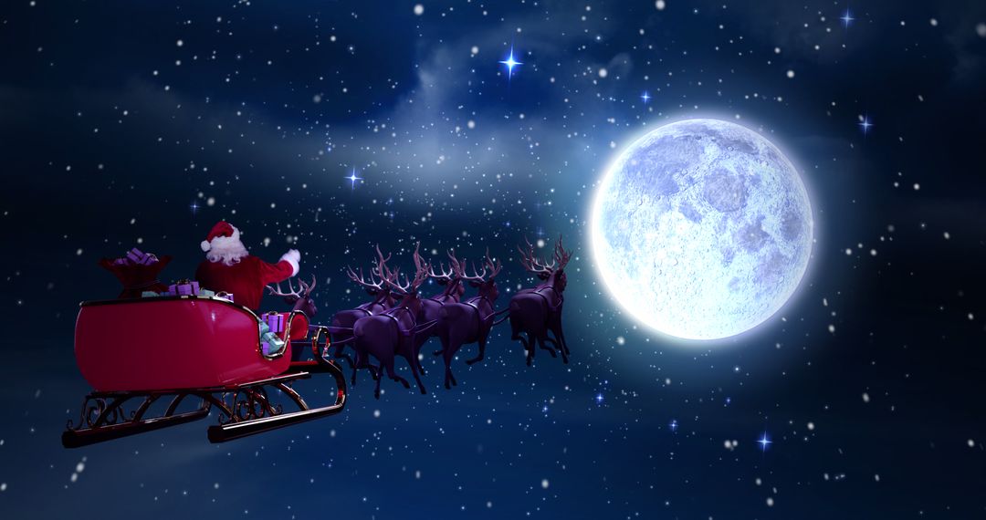 Santa in Sleigh Pulled by Reindeer Flying Under the Moonlight - Free Images, Stock Photos and Pictures on Pikwizard.com