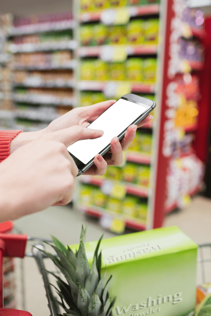 Transparent Phone Use in Supermarket, Mobile Shopping Concept
