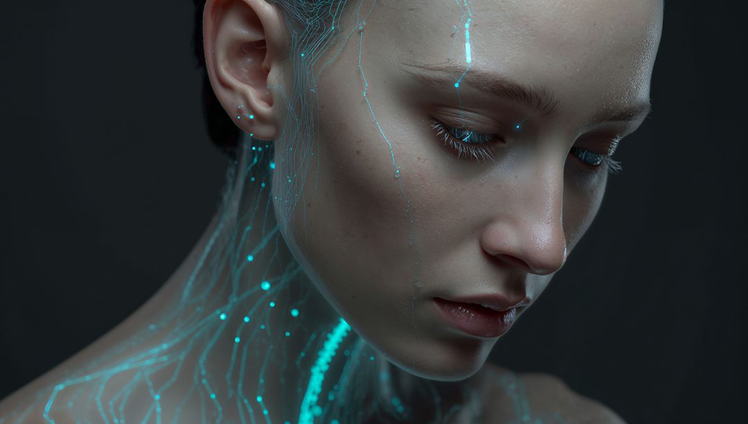 Young woman displaying bioluminescent cybernetic circuitry on face and neck, futuristic headshot
