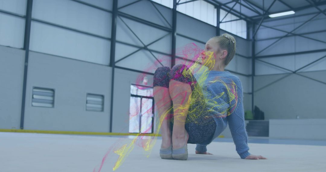 Child Gymnast Balancing in Modern Gym with Neon Color Effects