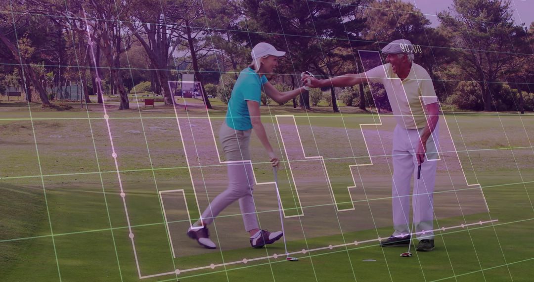 Golf Partners Sharing Fist Bump on Scenic Course
