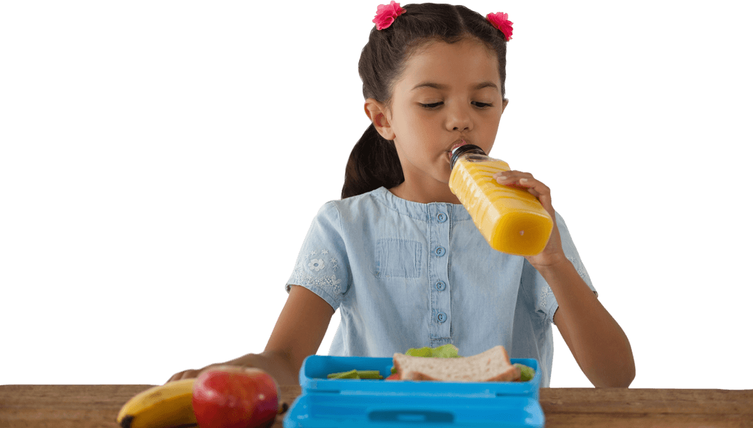 Transparent Young Girl Drinking Juice with Healthy Lunch