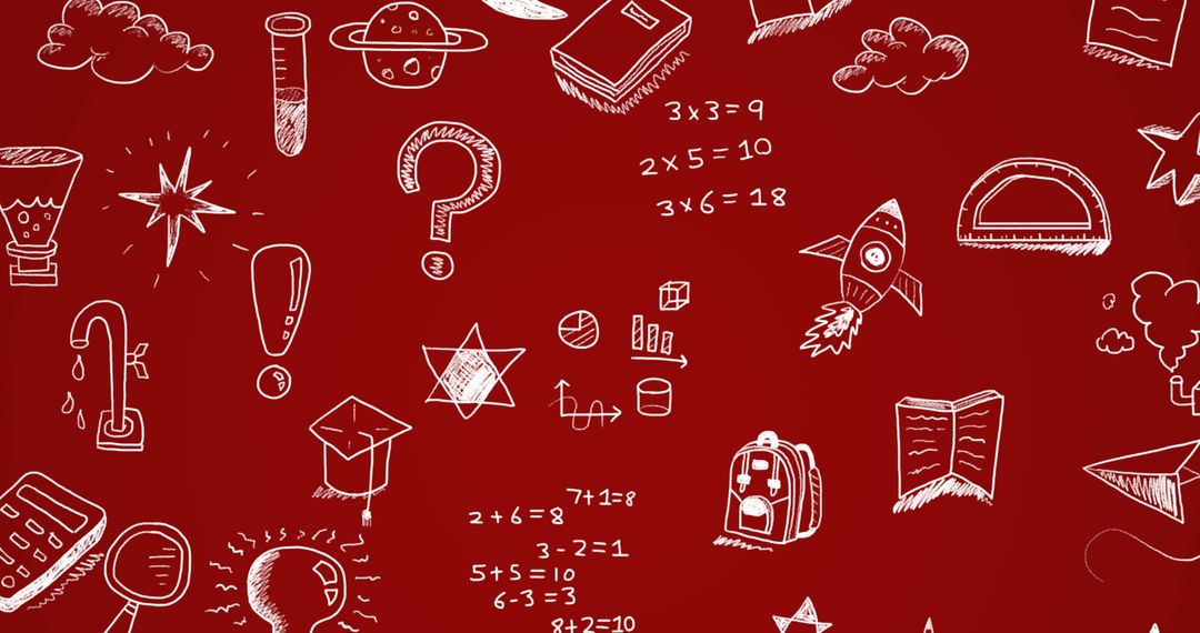 Education and Innovation Doodles on Red Background