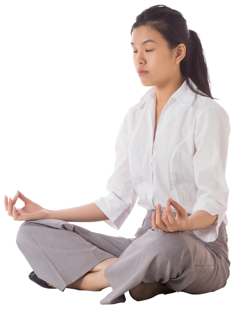 Businesswoman Practicing Meditation in Transparent Office Attire - Download Free Stock Images Pikwizard.com