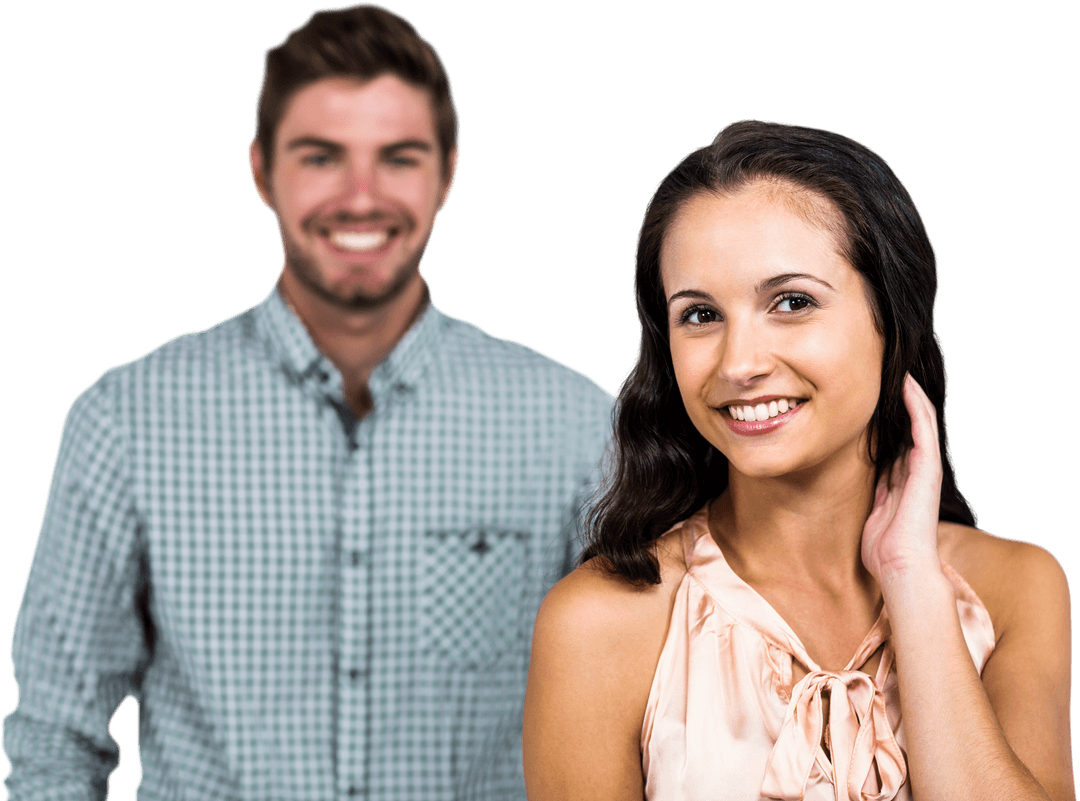 Transparent Smiling Couple Prioritize Woman Front Focus