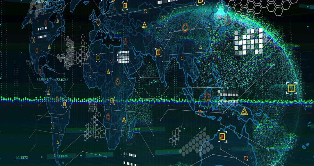 Futuristic World Map with Digital Data Grids and Network Connectivity