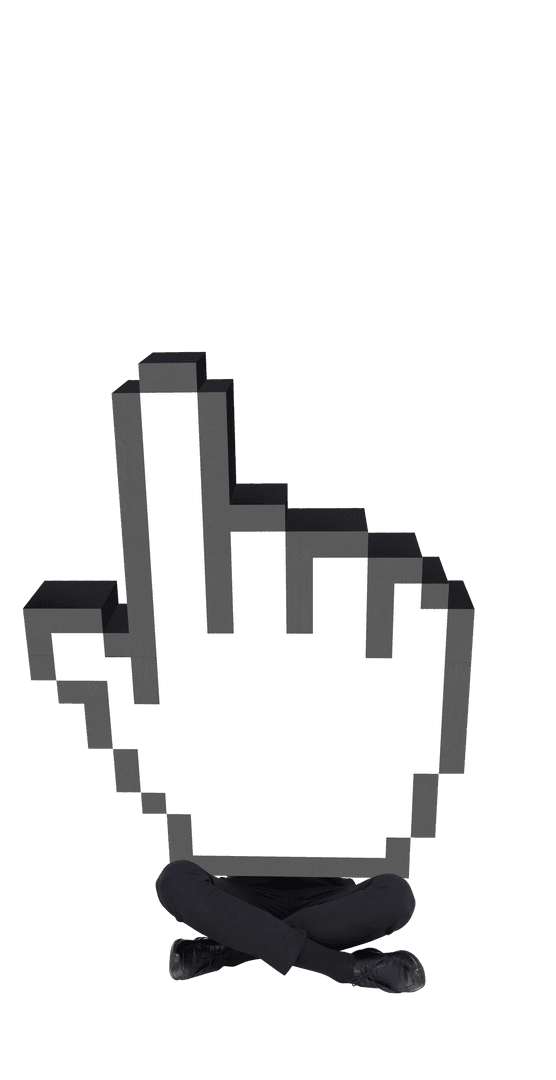 Businessman in Suit Holding Oversized Digital Hand Cursor on Transparent Background