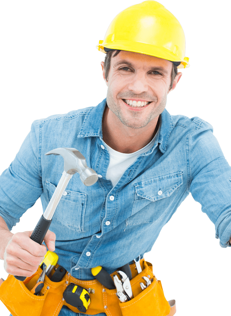 Smiling Carpenter Wearing Hard Hat Holding Hammer Transparent Background