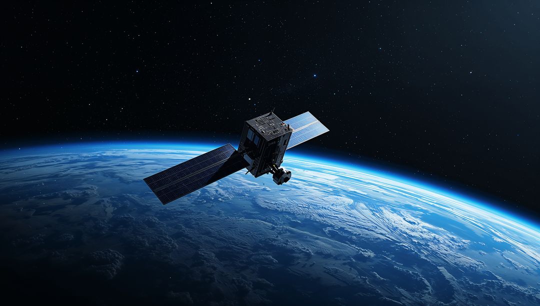 Cube Satellite with Solar Panels Orbiting Earth in Deep Space