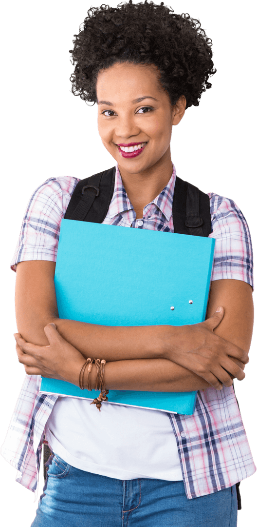 Transparent Smiling Young Woman Holding Folder with Confidence
