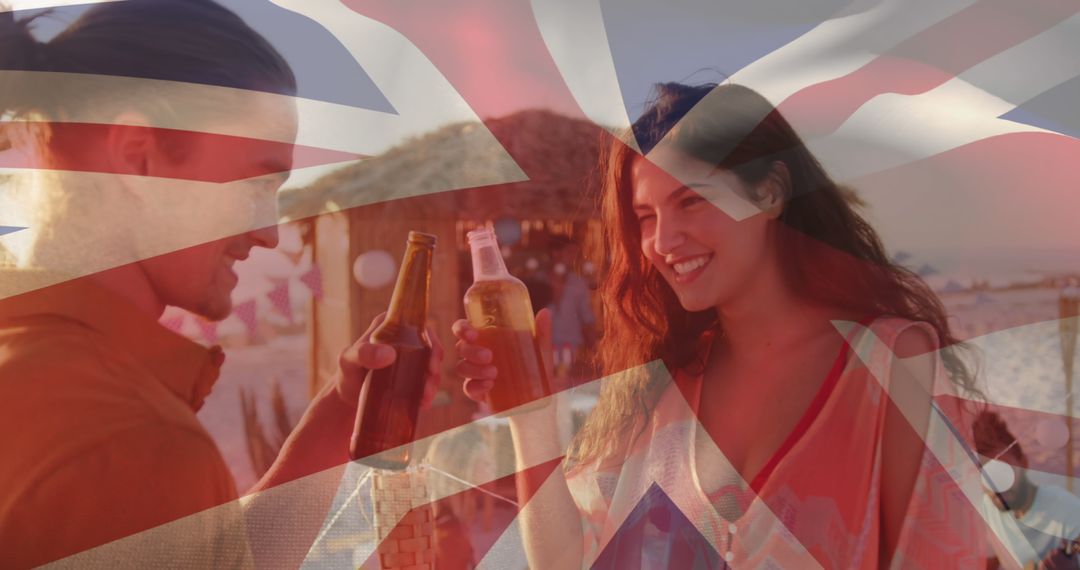 Young Friends Toasting With Beers at Beach Party with Union Jack Overlay - Free Images, Stock Photos and Pictures on Pikwizard.com