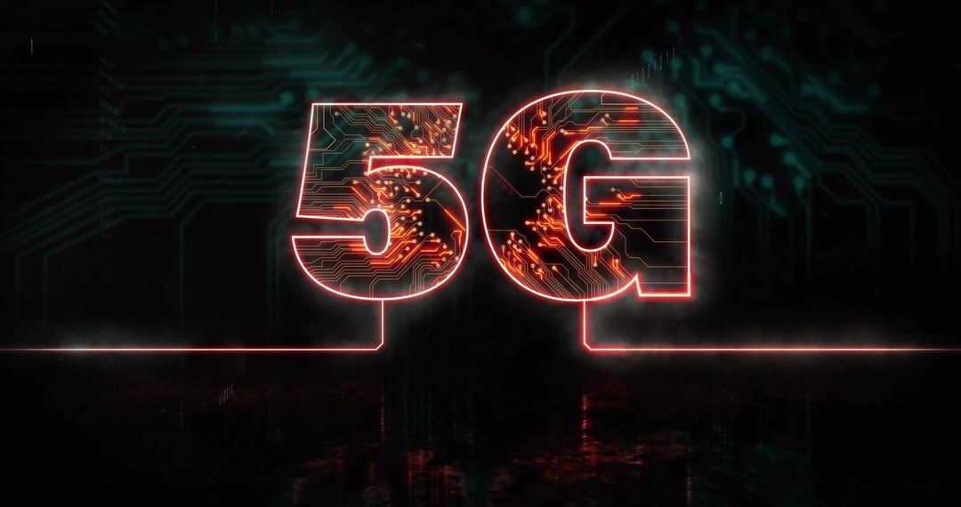 Glowing Neon 5G text over Dark Digital Circuit Board