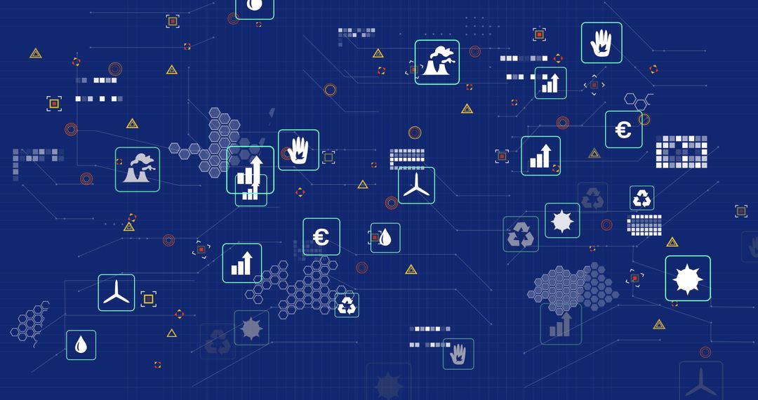 Digital Interface with Technology Icons on Blue Grid Background